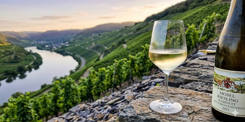 Ly rượu Riesling trong vắt được rót đầy một nửa