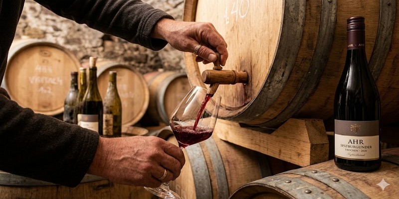 Quá trình Rót Spätburgunder (Pinot Noir) Đức từ Thùng sồi thủ công